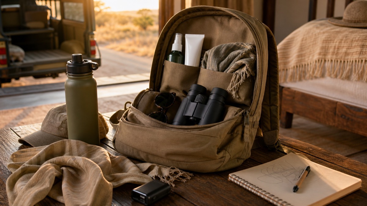 Safari packing essentials arranged on a lodge table