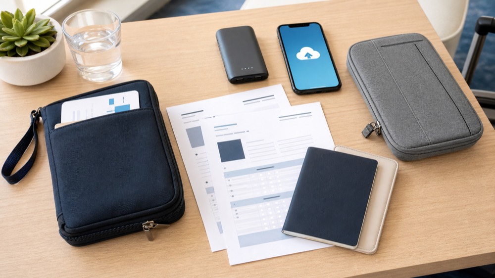 Traveler reviewing a document checklist before leaving home