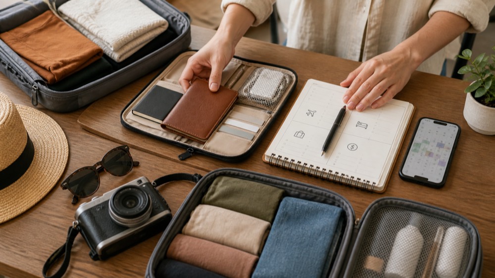 Traveller organizing essentials for a planned trip