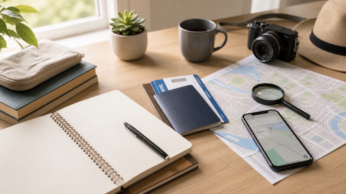 Travel planning essentials arranged on a bright desk